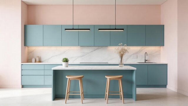 Modern kitchen with blue cabinets and stools