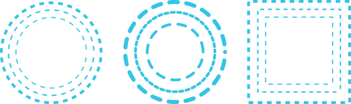 Minimalist collection of black dashed line circle and square frame vector elements on white background for modern graphic design layouts.
