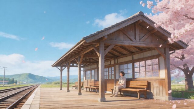 Person sitting at a wooden train station