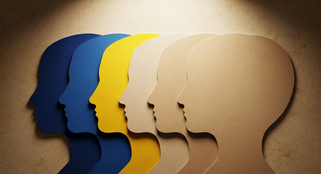 Layered paper profiles in varying skin tones creating a diverse human representation, symbolizing unity, diversity, and connection.