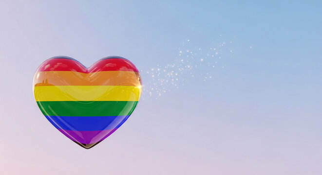 A glossy heart with rainbow stripes against a soft, gradient sky, symbolizing pride and inclusion with subtle sparkling light effects