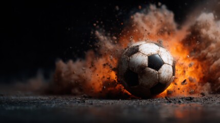 Fototapeta premium A weathered soccer ball bursts into action, surrounded by an explosion of dust and energy, symbolizing the thrill and excitement of sports and competitive play.