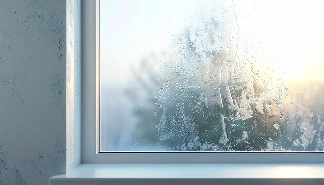 Winter's Embrace: An intimate capture of a window pane adorned with frost, portraying the chilling beauty of winter. Revealing a frosted vista framed by the architecture's structure.