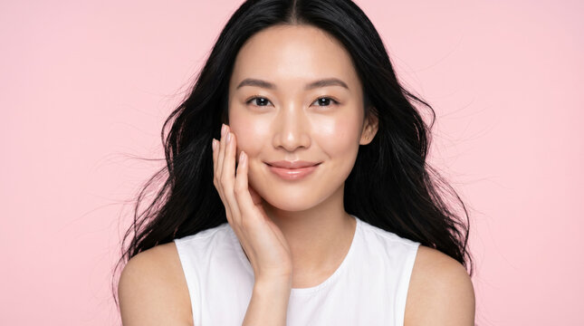 Smiling Asian woman with radiant, healthy skin touching her cheek, showcasing natural beauty and a glowing complexion on a soft pink background for skincare and wellness concepts.