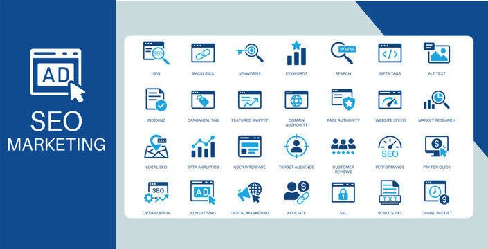 SEO and Digital Marketing Icon Set Search Optimization Analytics Keywords Backlinks Vector Icons Collection
