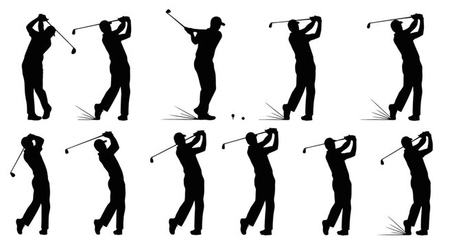 Silhouette golf players in various poses.
