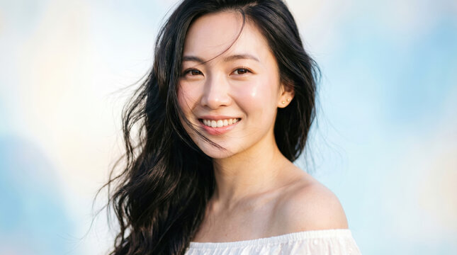 Beautiful young Asian woman with long dark hair, smiling cheerfully in a white off-shoulder top against a soft, bright sky background, exuding happiness and natural beauty.
