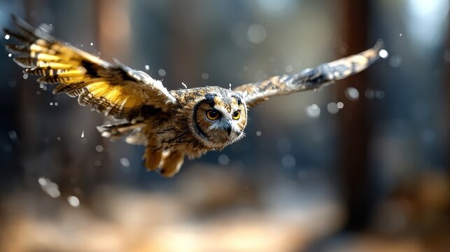 A beautifully detailed image of an owl soaring through a forest, demonstrating grace, wildlife vibrancy, and the awe of nature in its natural habitat.