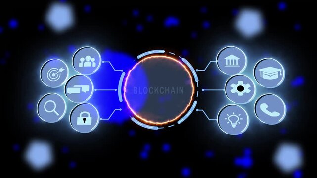 Futuristic blockchain technology infographic interface with glowing digital nodes and connected data network for financial cryptocurrency and decentralized ledger system