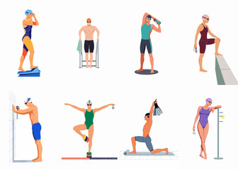 A diverse collection of professional male and female swimmers in various poses, stretching, preparing for competition, and relaxing by the pool. © Renzo