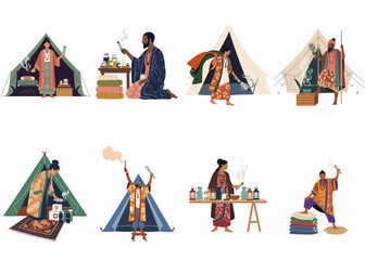 Collection of diverse people performing spiritual cleansing rituals with sage and herbs near tents, vector flat illustration set © Renzo