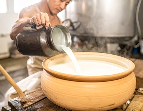 Artisan Dairy Pouring: A focused artisan expertly pours milk into a large ceramic pot, creating a creamy mixture. The scene captures the essence of traditional dairy production and the fresh.