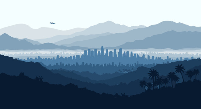 Cityscape silhouette nestled in rolling mountains with a small airplane flying in the distance, a serene blue-toned panoramic landscape