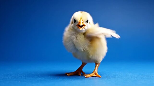 Close up of a young yellow chick on a royal blue background