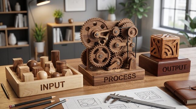 Wooden input process output system concept on a desk with gears and blocks, 3D render