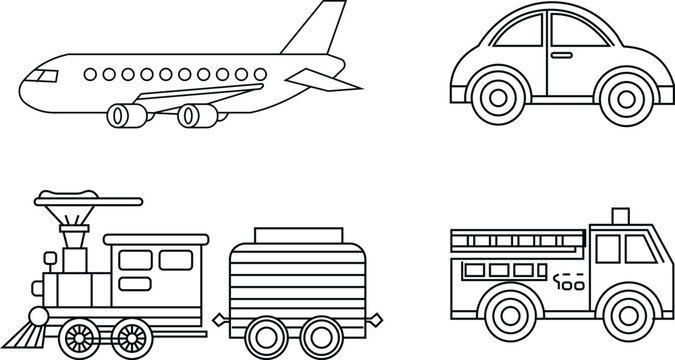 Transport Vehicles Coloring Page Set Airplane Car Train Truck Fire Engine Line Art for Kids