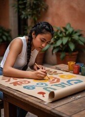 Fototapeta premium Young woman painting a handmade banner at a wooden courtyard table for cultural festival preparation, arts and crafts education and creative hobby storytelling