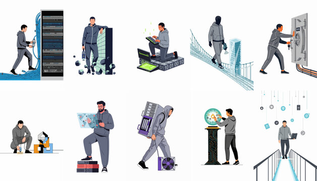 Collection of hacker character illustrations depicting various cybercrime activities like data theft, server intrusion, and network security breaches.