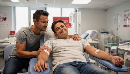 Obraz premium Two adult men in a blood donor center with one partner resting after donation for healthcare advertising, medical promotion and community wellness awareness