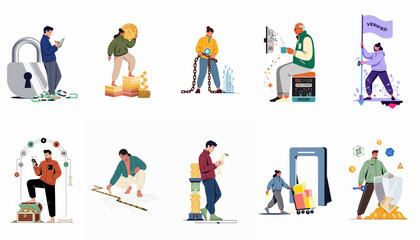 Fototapeta premium Set of Flat Vector Illustrations Featuring Blockchain Technology, Cryptocurrency Security, Digital Rewards, and Data Management Concepts on a White Background