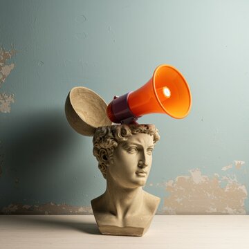 Classic stone bust with an orange megaphone emerging from its head against a blue wall for social commentary, conceptual political art and media advertising