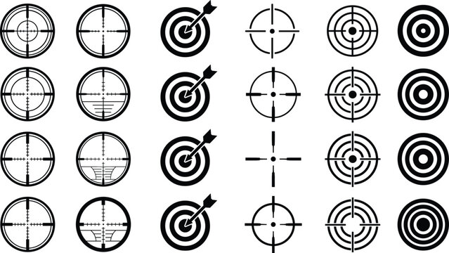 Target and crosshair reticle icons set with bullseye aim symbols scope sight vector collection