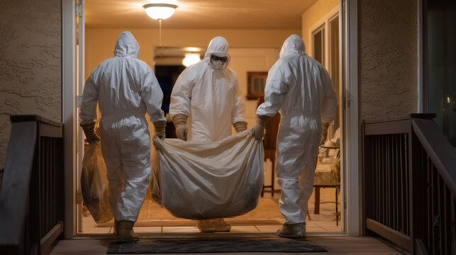 Asbestos removal team exits a residential decontamination unit in sequence, peeling outer coveralls into a sealed disposal bag at the transit area threshold while a supervisor signs the decontaminat