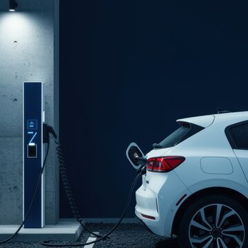 Dark minimalist background with white electric car connected to charging station for green energy campaign, sustainable transport banner and automotive website header