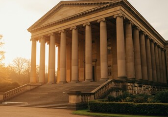 Fototapeta premium Neoclassical building with stone columns and grand staircase at sunset for heritage destination travel, architectural history and luxury property exterior features