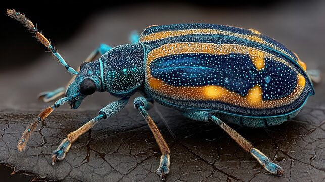 Close-up macro photograph revealing an iridescent beetle perched on a dried, textured leaf