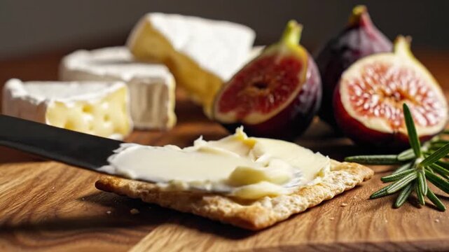 Close up of cheese being spread on a cracker with figs and rosemary