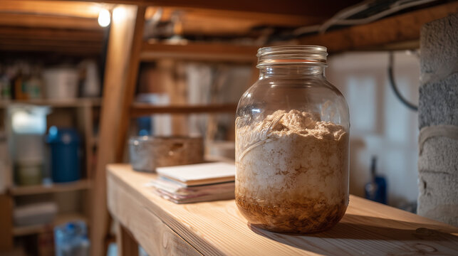 Fermentation hobbyist checking the airlock on a gallon jar of homemade aged goat cheese submerged in brine on a pantry shelf, humidity strips and ph tape beside a handwritten log, a modest basement 