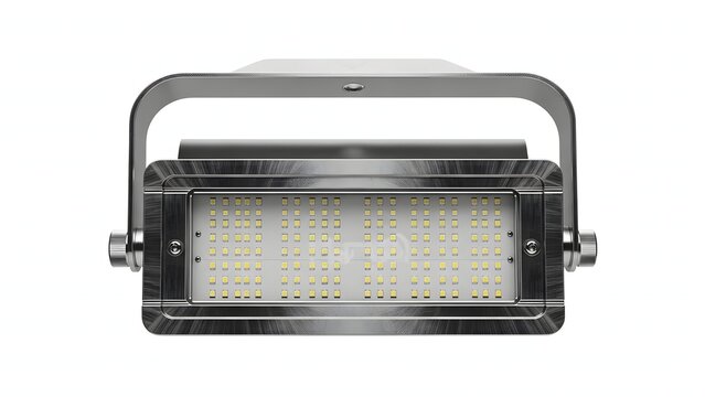 Modern silver LED floodlight with a brushed metal finish and a rectangular array of bright white light emitting diodes