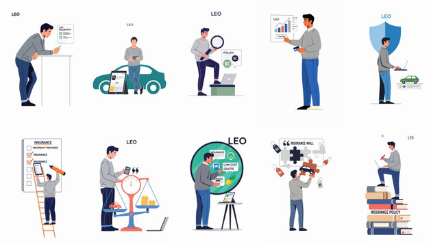 Flat illustration set of a man managing car insurance policies, comparing quotes, analyzing financial data, and protecting assets digitally.