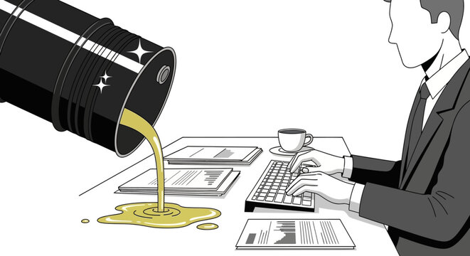 Businessman working on computer with oil spill.
