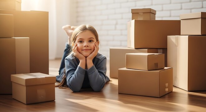 Kid surrounded by cardboard boxes on moving day