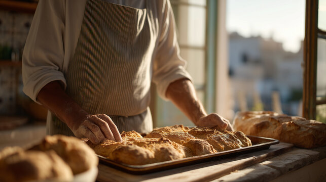 Baker transforming stale bread loaves into hand-shaped croutons on a sheet pan beside a steaming bowl of ribollita soup, a torn paper bag of day-old rolls on the counter, modest kitchen with chipped