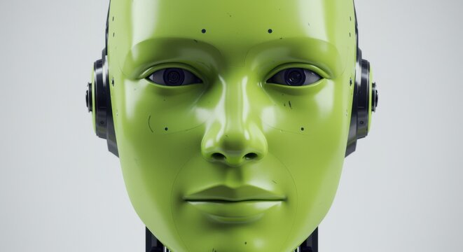 Lime green humanoid robot head facing forward in a clean studio for artificial intelligence research, futuristic technology editorial and robotics industry marketing
