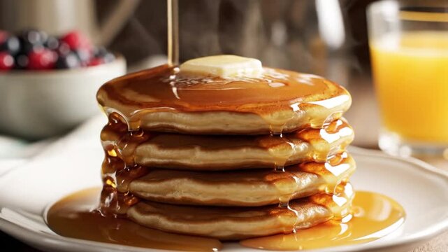 Stack of pancakes with syrup pouring over and a side of berries