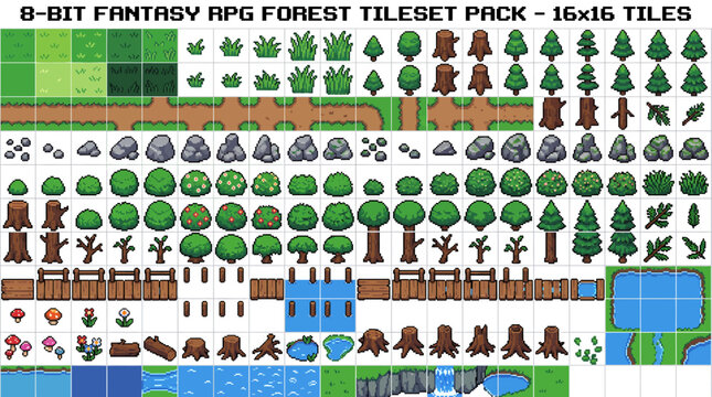 Versatile 8-bit pixel art game element pack fantasy forest RPG tileset offering nature assets, terrain, and environmental details for virtual world building