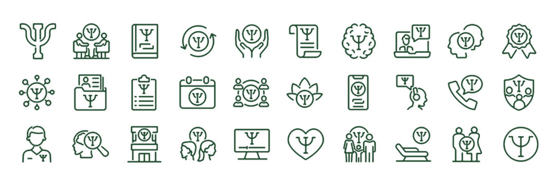 Set of 30 outline icons related to psychology symbol. Linear icon collection. Editable stroke. Vector illustration
