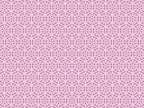 Soft pink pattern repeats across the entire frame. Geometric hexagons form a delicate, intricate grid. Each hexagon holds small floral motifs with fine detail