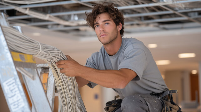Fiber optic cable technician feeds a bundle of glass-strand conduit through a suspended ceiling plenum in an occupied office tower, kneeling on a scaffold plank while a building services engineer be