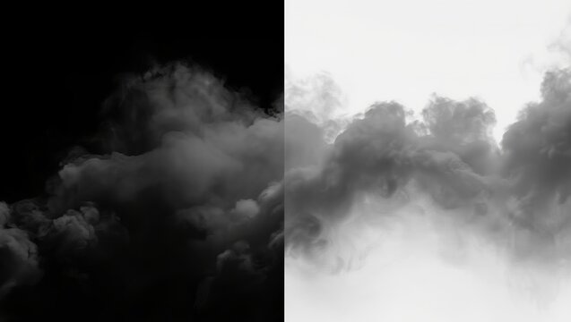 Black Gray Smoke Cloud Drifting Across Black and White Split Background