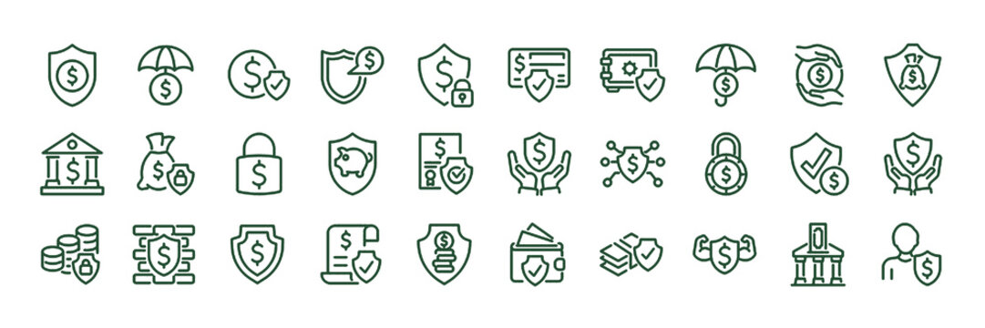 Set of 30 outline icons related to financial protection. Linear icon collection. Editable stroke. Vector illustration
