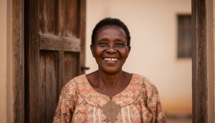 Obraz premium Elderly African woman with joyful smile standing in a wooden doorway for senior wellness campaign, community healthcare advertising and retirement lifestyle marketing