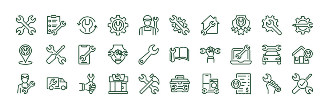 Set of 30 outline icons related to wrench. Linear icon collection. Editable stroke. Vector illustration