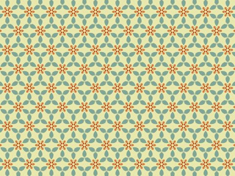 Soft geometric pattern with floral motifs. Pastel teal and peach tones blend harmoniously. Repeat design evokes vintage charm and calm elegance. Ideal for backgrounds, textiles