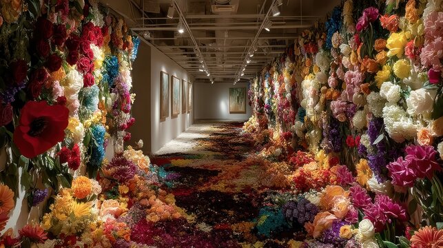 Gallery hallway filled with colorful flowers, some attached to walls and strewn on the floor