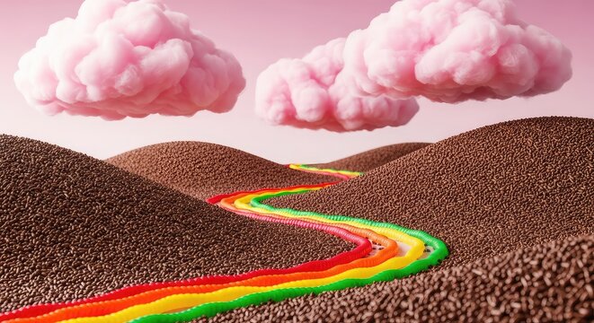 A dreamlike world of giant pink cotton candy clouds floating over rolling hills made of chocolate sprinkles and winding gummy worm rivers, sweets, sugar, candy